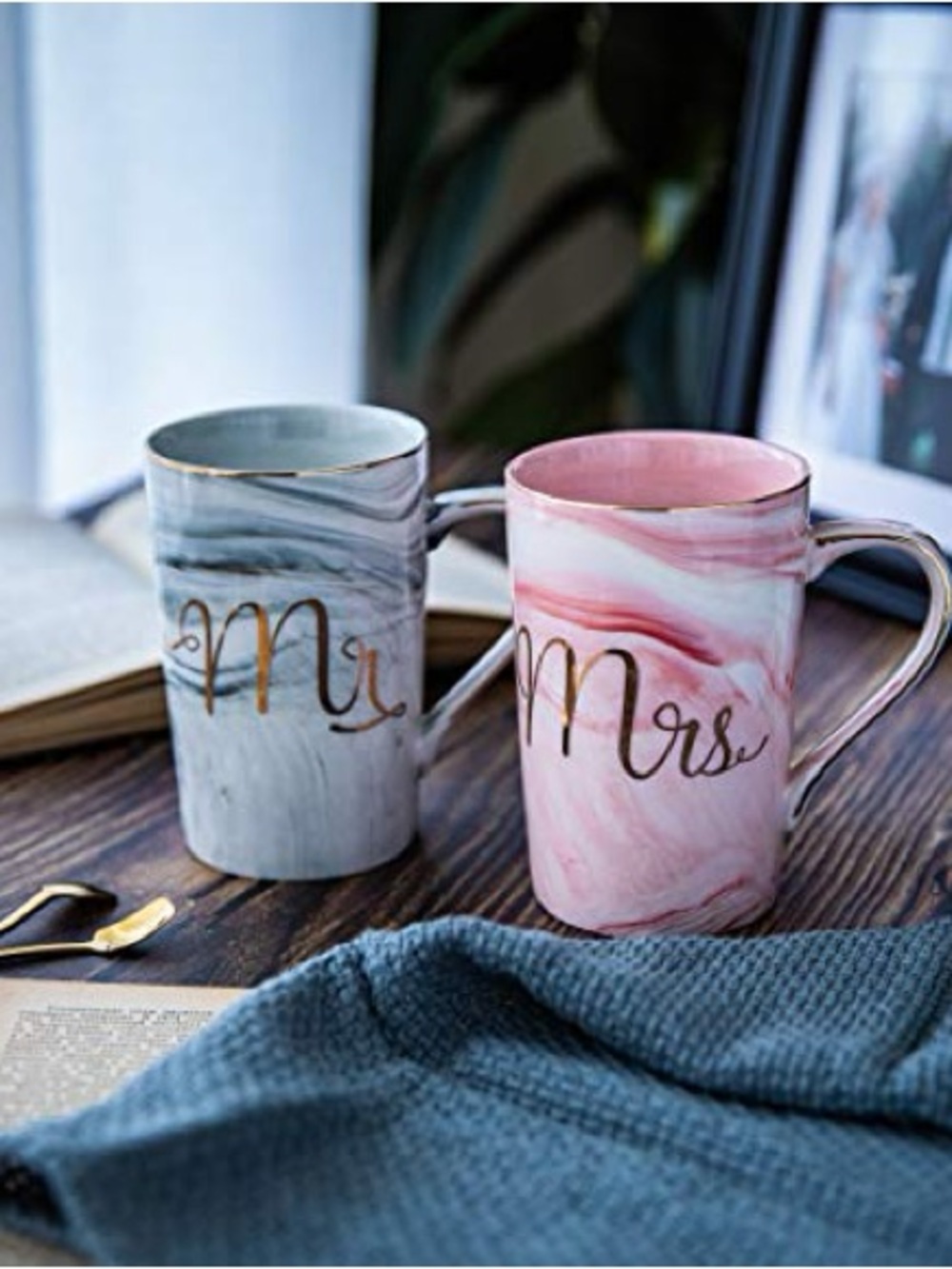 EUC Michaels Marble-Effect 'Mr' & 'Mrs' Ceramic Mugs - Pink & Gray